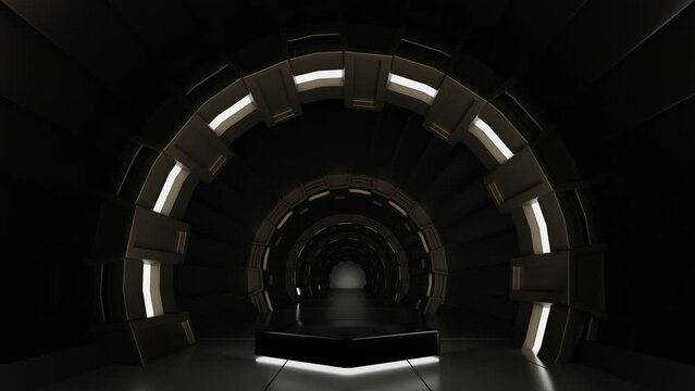 Modern Pentagon podium in spaceship or space station interior, Sci Fi tunnel, stage for product presentation, 3D rendering. 4K UHD