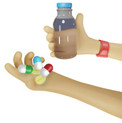 Hand hold medicine capsule pill and water bottle. Medicine time, taking medicine, health treatment and pharmaceutical concept. 3D cartoon character.