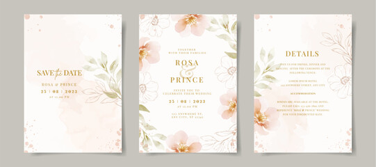 Fototapeta na wymiar Beautiful watercolor wedding invitation with floral and leaves