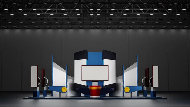 Booth system exhibition stand display mockup template design for event trade fair show in exhibition hall center, convention hall, 3D rendering. 4K UHD.