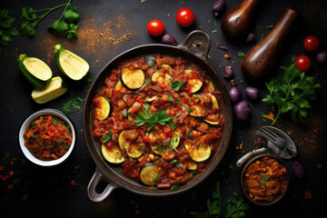 Obraz na płótnie Canvas French cuisine, Ratatouille, vegetable stew of sliced eggplant, zucchini, onion, potato and tomatoes