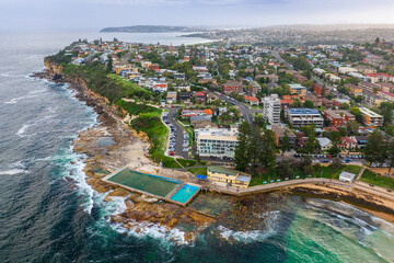 Panoramic drone aerial view over Dee Why rock pool