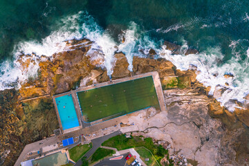 Panoramic drone aerial view over Dee Why rock pool