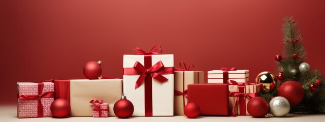 Merry Christmas and Happy New Year, Xmas Gift Boxes Decoration Background. Generative Ai
