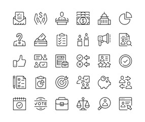 Elections. Vector line icons set. Political debates, politics, ballot box, voting concepts. Black outline stroke symbols