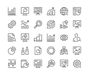 Data analysis. Vector line icons set. Data research, statistics, information presentation, business strategy, infographics concepts. Black outline stroke symbols