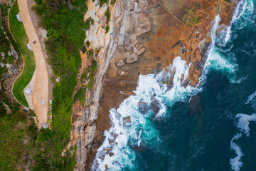 Aerial drone view of a rocky coast line