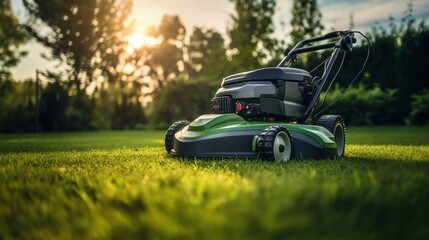 Lawn mower on perfect cut green grass.