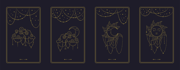 Tarot aesthetic divination cards. Asrological tarot design for oracle card covers. Vector illustration isolated in dark background