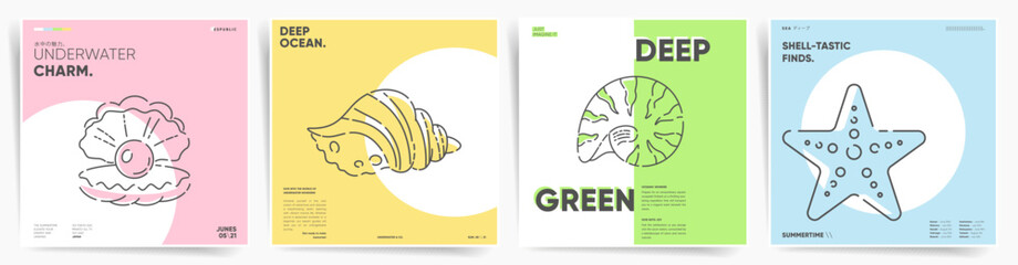 Summer Modern Background Set for Post, Posters, Brochure and Square Banners. Minimal Linear Art Seashells illustrations and Trendy Ocean and Beach colors for Business and Social Media Marketing