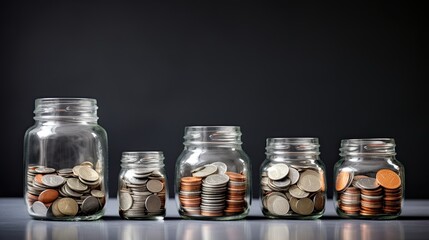 Glass jars with coins like diagram, savings concept. Grey isolated background