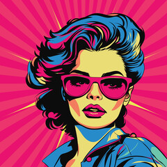 Fototapeta na wymiar Woman with Short and Curly Hair in Pink Sunglasses: Retro Vector Pop Art Illustration