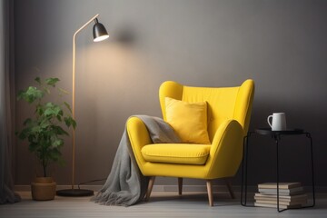 Cozy reading corner with a comfortable yellow armchair and warm lamp, inviting you to unwind with your favorite book. Generative AI