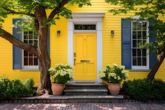 A yellow front door of a charming house. Generative AI