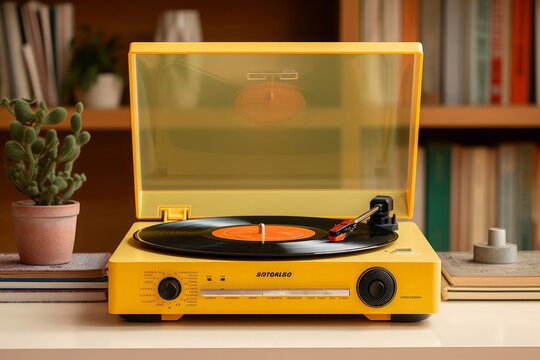 Vintage yellow record player adorned with classic vinyl records, a nostalgic centerpiece for music enthusiasts. Generative AI