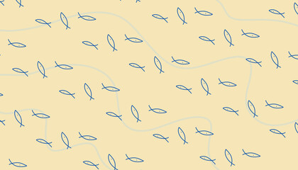 seamless pattern with minimal fish and wavy line art illustration background