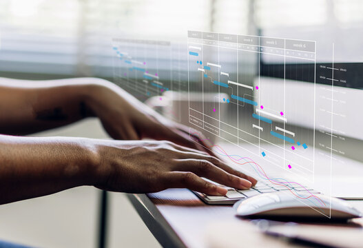 Businesswoman with calendar schedule time plan appointment management taking note and checking organizes day, week, month project list on computer.business calendar appointment plan