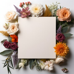 Obraz na płótnie Canvas rectangle paper surrounded by flowers,white background Generative AI