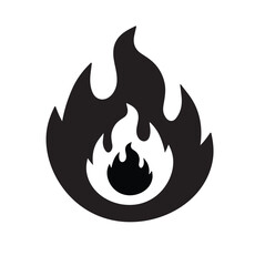 fire sign and symbol.  Flaming badge. Igniting border and lines. Black icon isolated on white background. Fire flame silhouette.