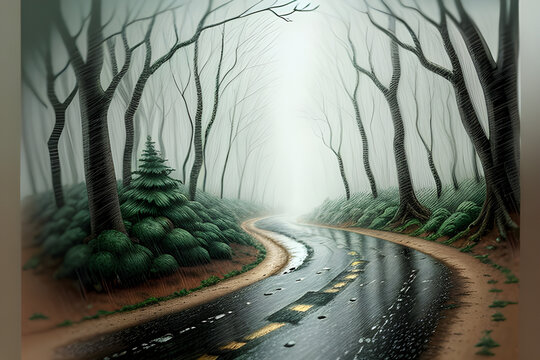 
A small forest road on a rainy day.
Generative AI