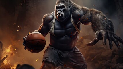 Fototapeta na wymiar A dynamic gorila playing basketball, showing off impressive 