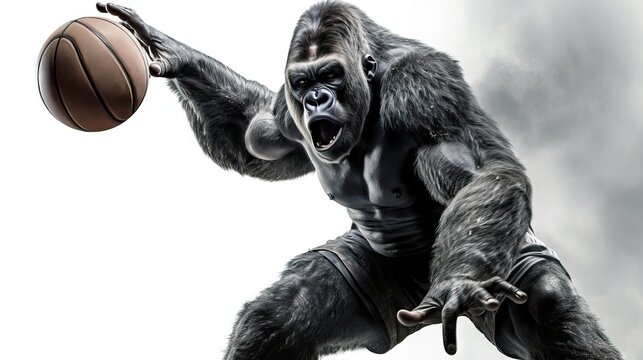 A dynamic gorila playing basketball, showing off impressive "athletic" skills. Generative AI