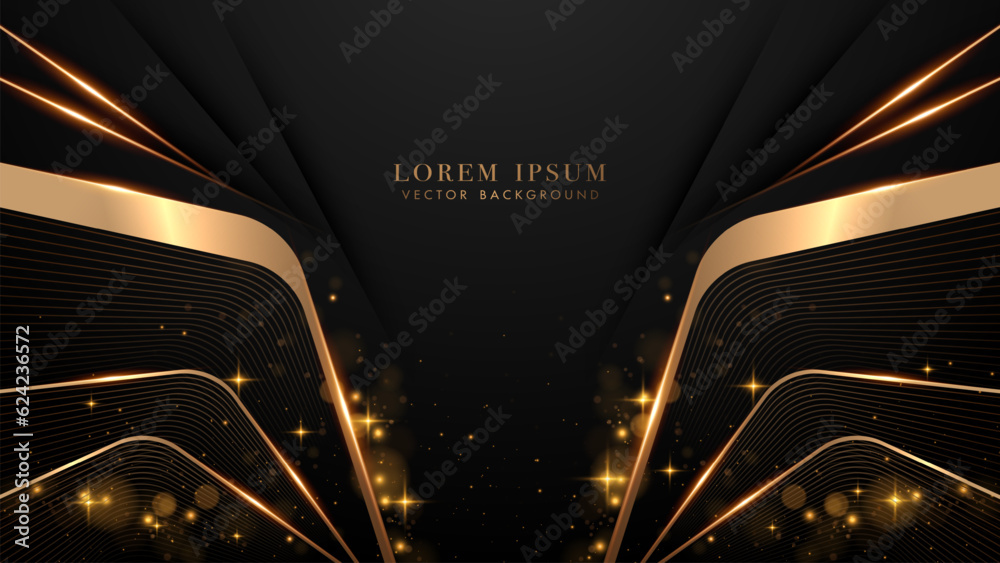Sticker abstract black and gold geometric shapes with shiny dots effects and bokeh element decoration on dar
