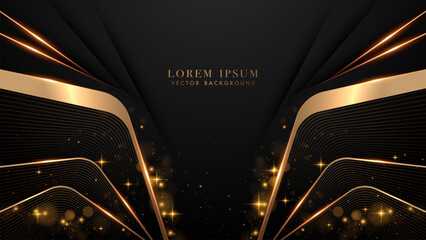 Abstract black and gold geometric shapes with shiny dots effects and bokeh element decoration on dark background. Luxury style vector design