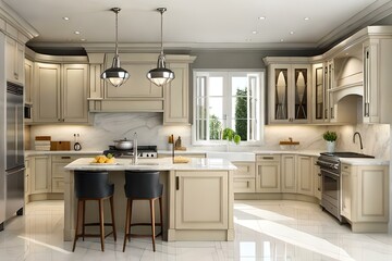 Premium luxury modern kitchen interior. Empty beige marble kitchen room