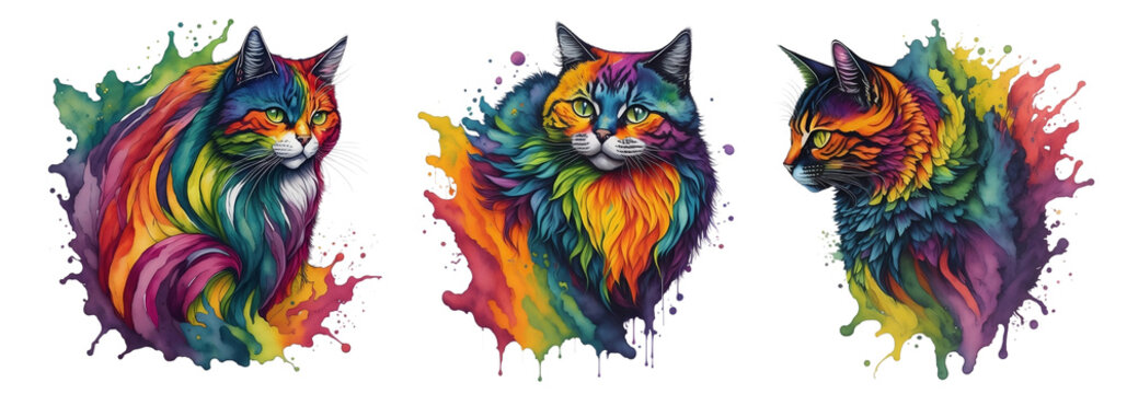 Watercolor Colorful Cat Collection On A Transparent Or White Background. Abstract Portrait Colorful Cat