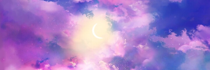 Obraz na płótnie Canvas Wide size Halloween background illustration of crescent moon in dreamy colorful sea of clouds