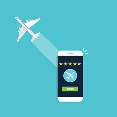 Book airplane travel flight button on mobile phone, review rate stars of airline smartphone app, best trip rating.