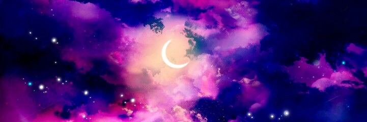Obraz na płótnie Canvas Wide size Halloween background illustration of crescent moon in dreamy colorful sea of clouds 