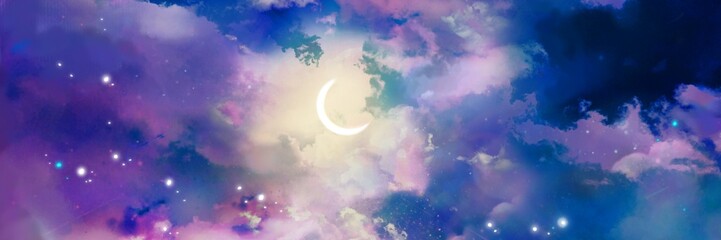 Obraz na płótnie Canvas Wide size wallpaper illustration of crescent moon in dreamy colorful cloudscape 