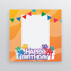 Happy birthday photo frame design with gift boxes 