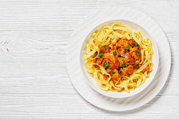 Creamy Paprika Pork Chunks over tagliatelle noodle