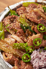 bulgogi, sliced and seasoned, barbequed beef,