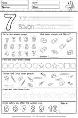 Fun learning number 7 black white.