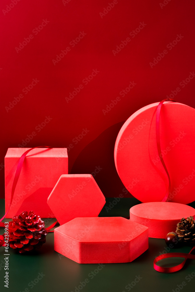 Aufkleber red pedestal product display and ribbon on red and dark green background with modern geometric block