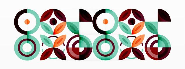 Abstract background - minimalist circles and round elements composition with varying sizes circles and other geometric shapes. The elements are arranged symmetrically in a grid-like pattern