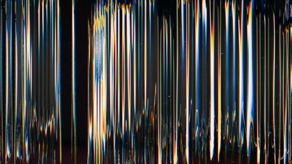 Digital glitch. Vibration noise. Signal distortion. Blurred glowing blue yellow white zigzag lines interference texture on black background.
