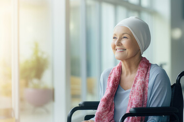 Happy senior caucasian female cancer patient wearing head scarf in wheelchair at hospital