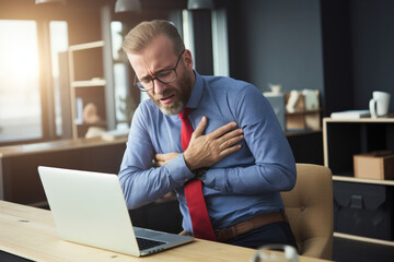 Man with chest pain suffering from heart attack in office