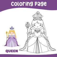 Fototapeta premium Coloring page a fairy tale Medieval Kingdom black and white the queen in purple dress with sceptre. Vector outline fantasy monarch kingdom a queen in crown and mantle. Medieval fairytale queen 