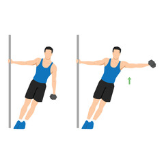 Fototapeta na wymiar Man doing leaning one arm or single handed dumbbell lateral raise exercise. Flat vector illustration isolated on white background