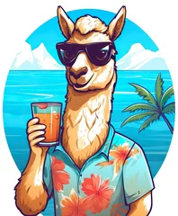 Deurstickers A cool llama wearing sunglasses and a Hawaiian © Yzid ART