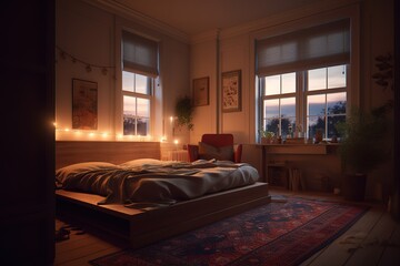 Cozy bedroom at night with open book, pillow and blurred garland lights. Generative AI