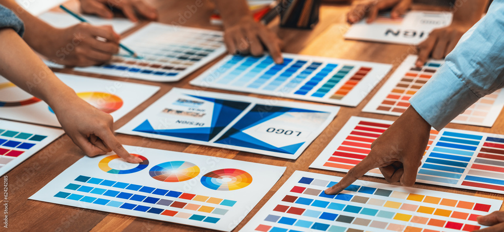 Poster graphic designer brainstorm logo and graphic art at busy creative studio workshop. experiment and br