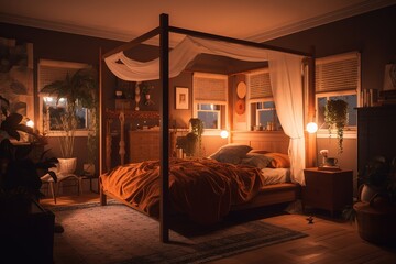 Cozy bedroom interior with mock up poster frame, big bed, beige bedding, plaid, lamp, wooden stands, black ladder, beige rug, wall with stucco and personal accessories. Generative AI