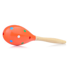 Wooden colored baby rattle isolated on a white background. Bright maracas for a child. Toys for concentration of attention